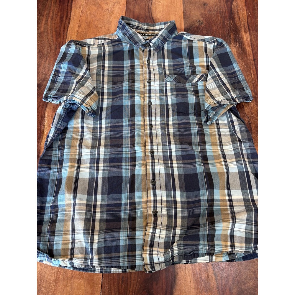 KAVU button up shirt men size XL blue brown plaid short sleeve cotton pocket